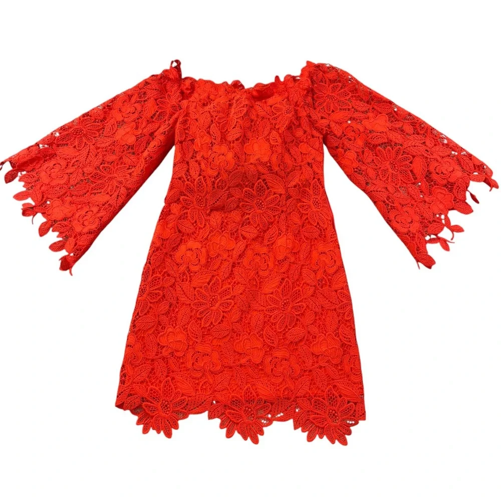 Free‎ People Fiesta Red Lace Dusk Dress Womens Size 2 Floral Lace Off Shoulder